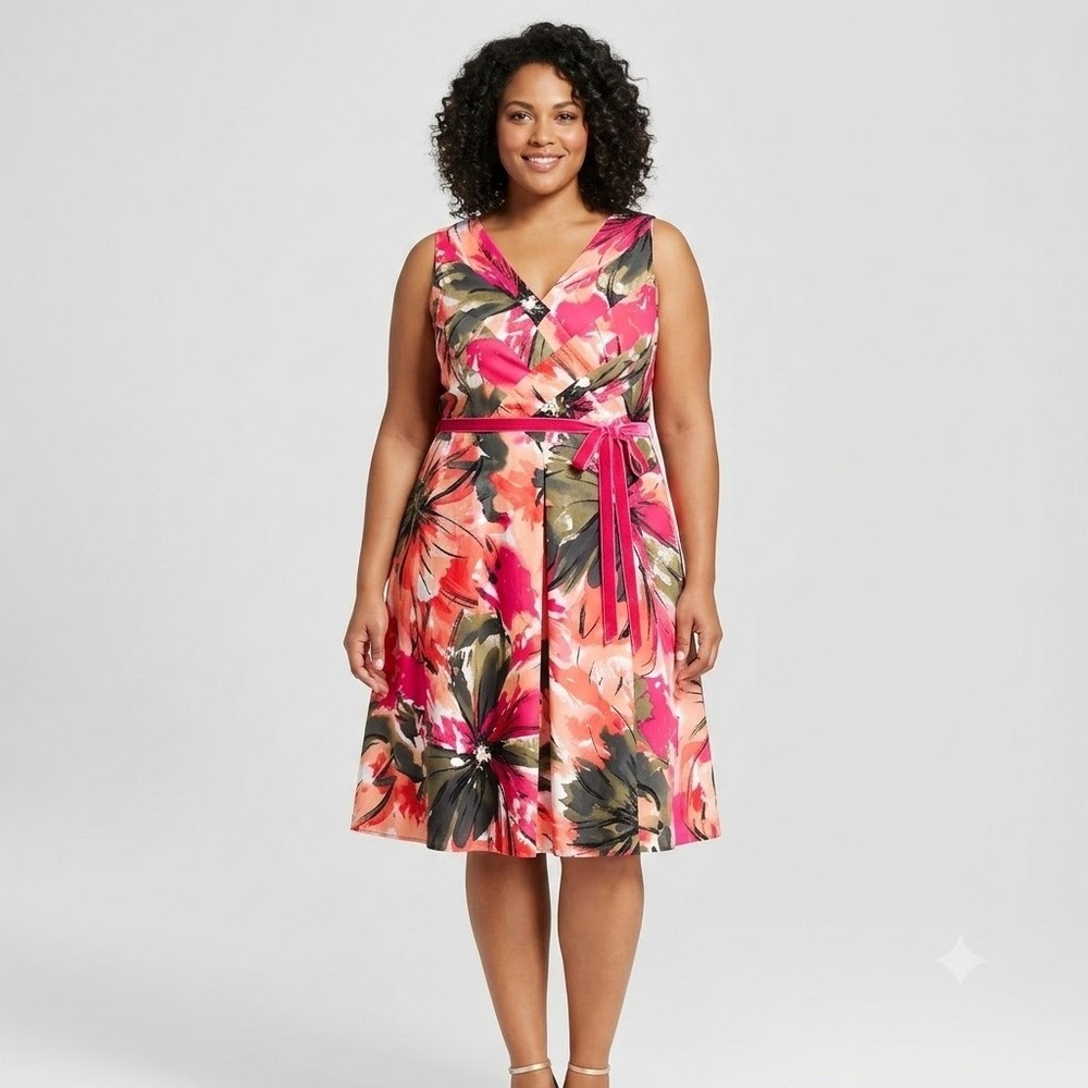Lane Bryant Fit and Flare Dress Women 22 Pink Floral Sleeveless‎ V-Neck Pockets
